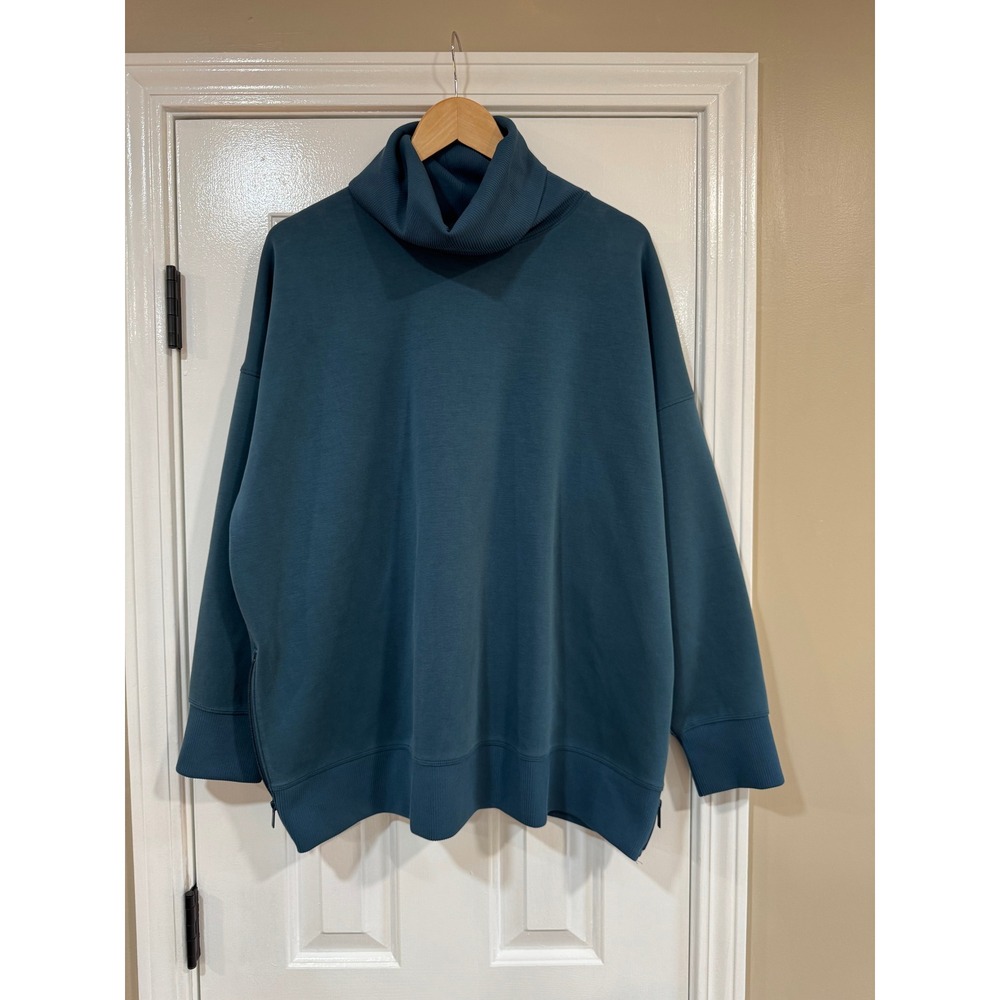 All in Motion Womens Oversized Turtleneck Side Zip Sweatshirt Teal Blue Large